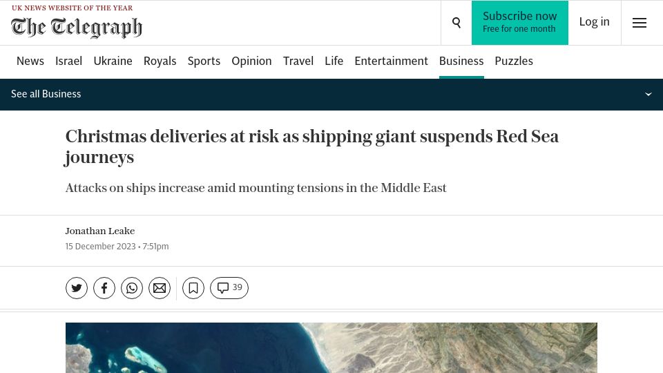 Screenshot of telegraph.co.uk: Christmas deliveries at risk as shipping giant suspends Red Sea journeys