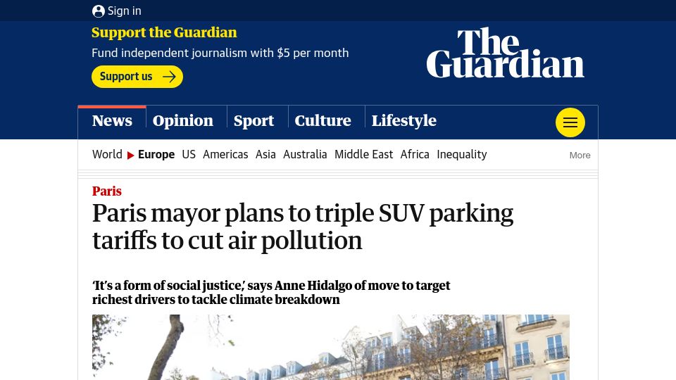 Screenshot of theguardian.com: Paris mayor plans to triple SUV parking tariffs to cut air pollution