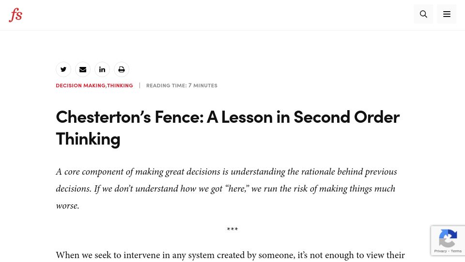Screenshot of fs.blog: Chesterton's Fence: A lesson in second order thinking (2021)