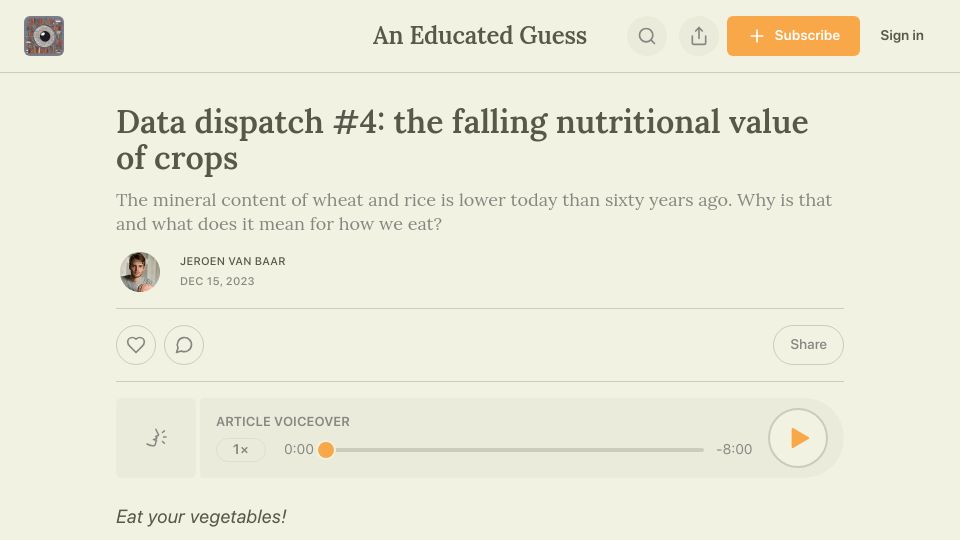 Screenshot of jeroenvanbaar.substack.com: The falling nutritional value of crops