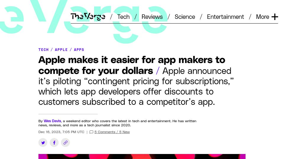 Screenshot of theverge.com: Apple makes it easier for app makers to compete for your dollars