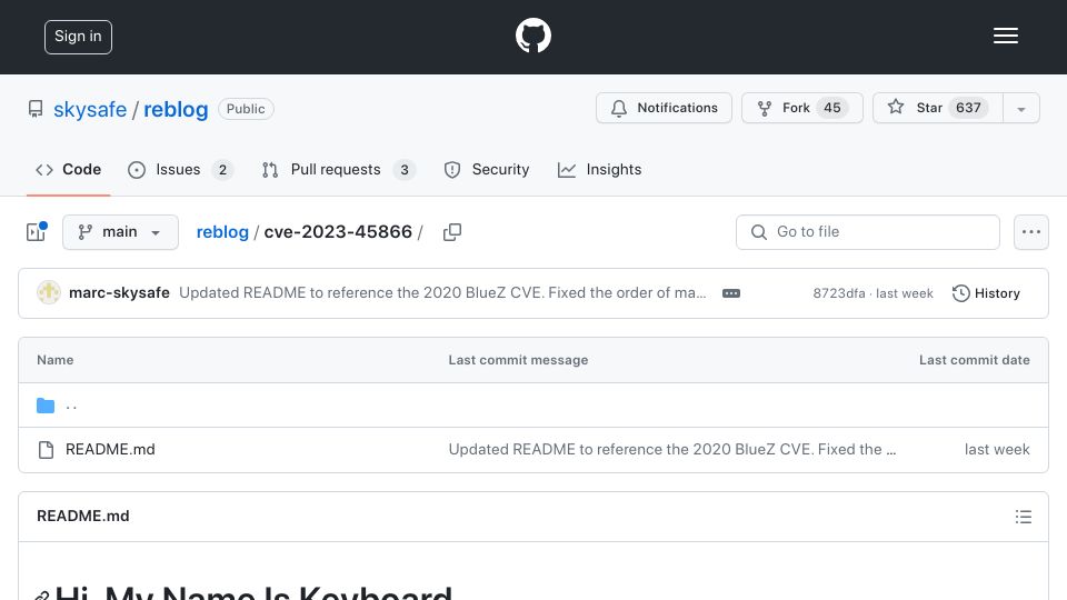 Screenshot of github.com: Bluetooth keystroke-injection in Android, Linux, macOS and iOS