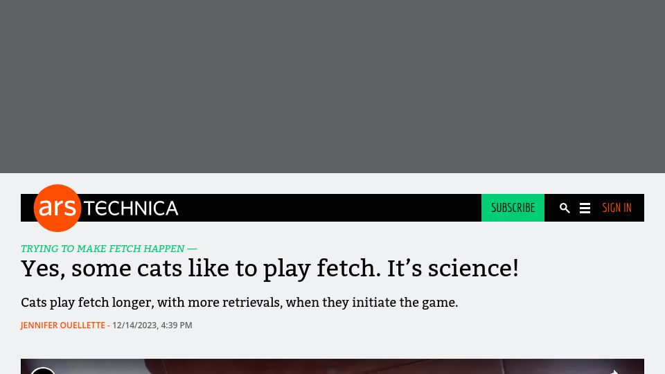 Screenshot of arstechnica.com: Cats play fetch longer, with more retrievals, when they initiate the game