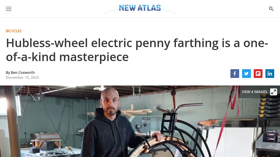 Screenshot of newatlas.com: Hubless-wheel electric penny farthing is a one-of-a-kind masterpiece