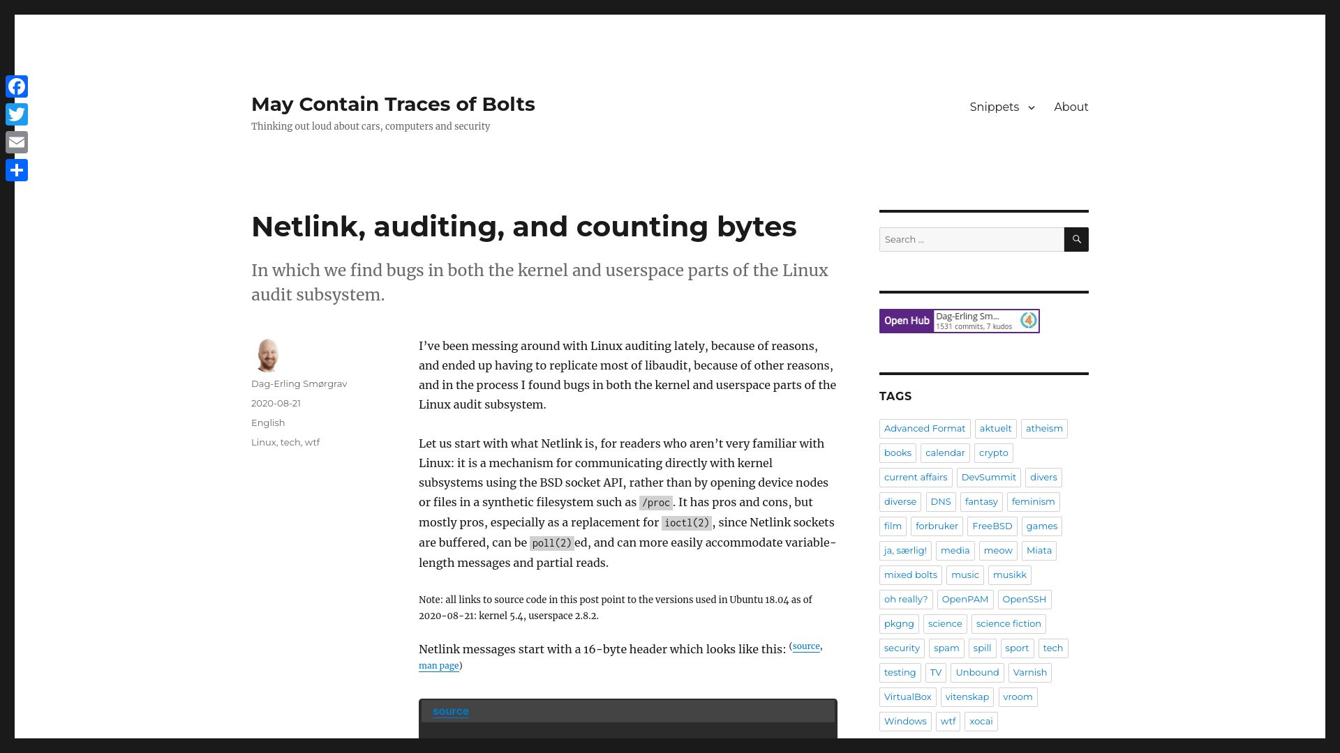 Screenshot of blog.des.no: Netlink, auditing, and counting bytes (2020)