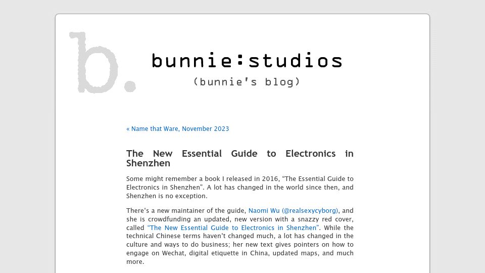 Screenshot of bunniestudios.com: The New Essential Guide to Electronics in Shenzhen