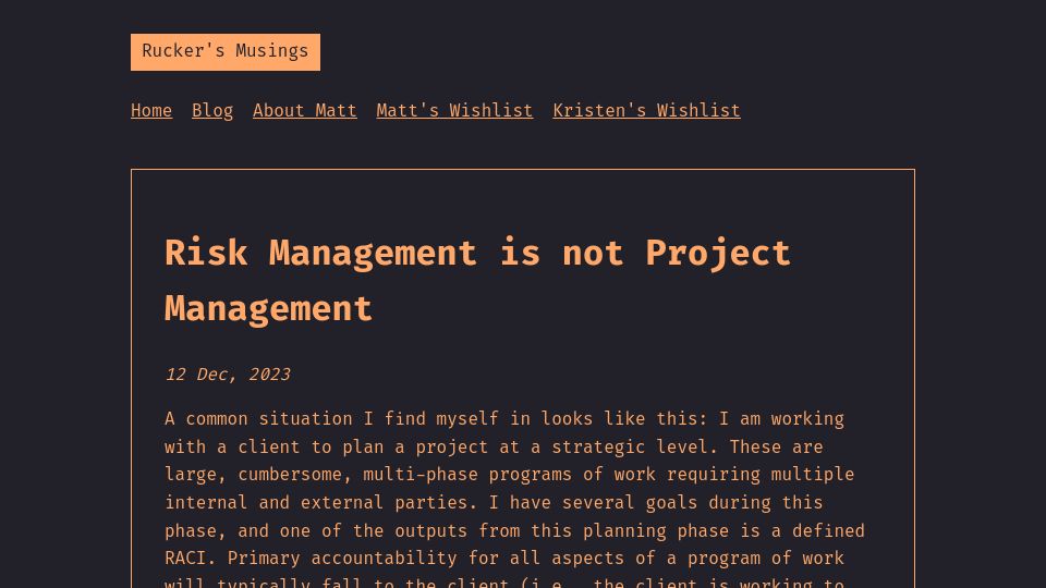 Screenshot of mattrucker.com: Risk management is not project management