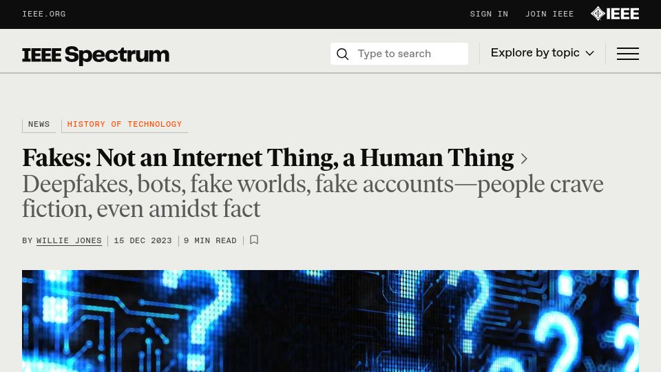 Screenshot of spectrum.ieee.org: Fakes: Not an internet thing, a human thing