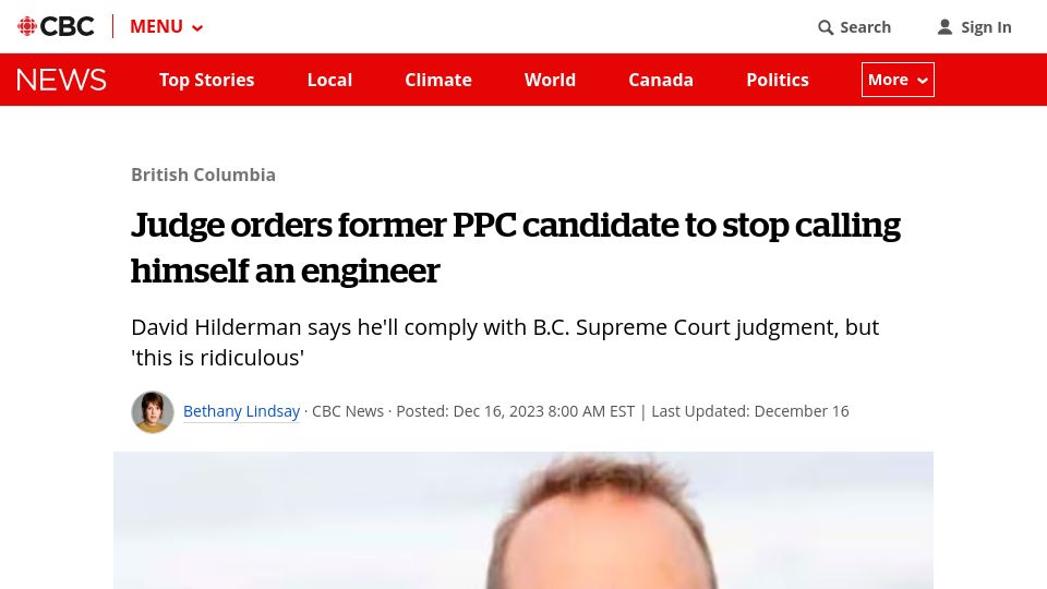 Screenshot of cbc.ca: BC Supreme Court bars man from calling himself an 'engineer'
