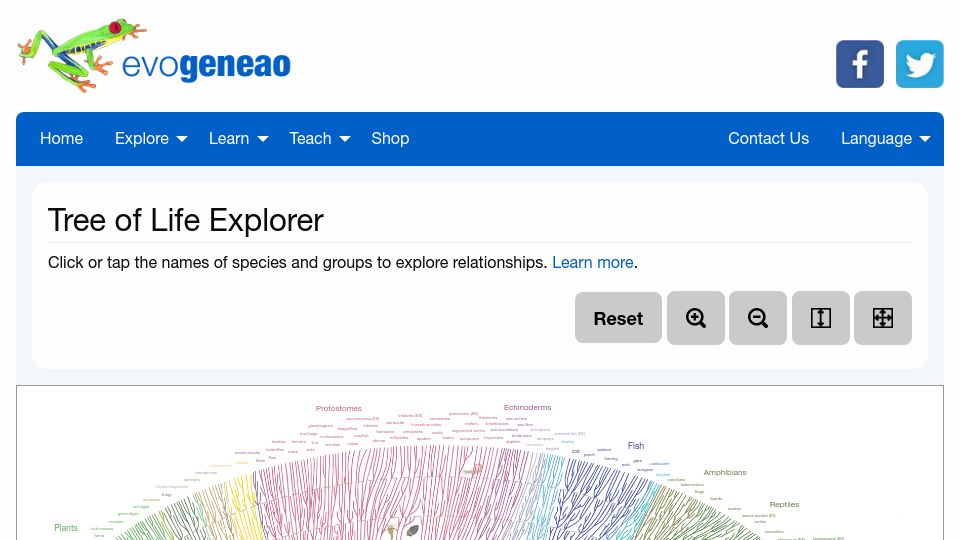 Screenshot of evogeneao.com: Tree of Life Explorer