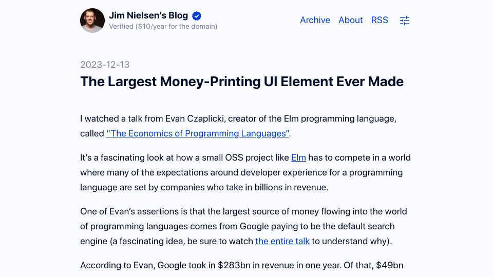 Screenshot of blog.jim-nielsen.com: The largest money-printing UI element ever made