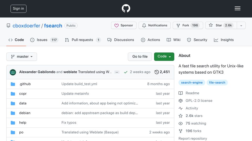 Screenshot of github.com: Fsearch, a fast file search utility for Unix-like systems