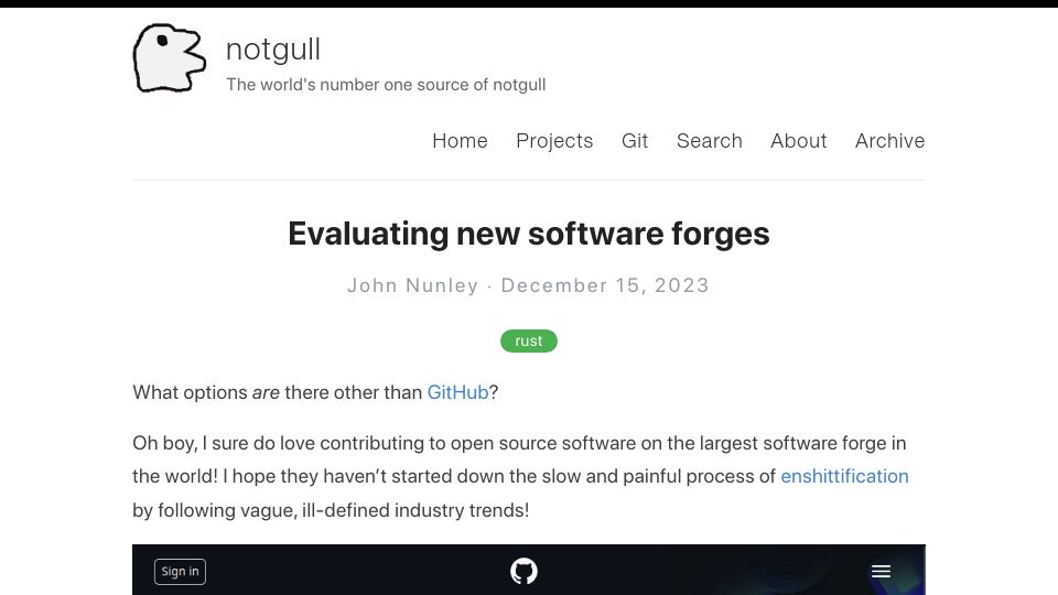 Screenshot of notgull.net: Evaluating new software forges