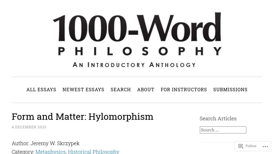 Screenshot of 1000wordphilosophy.com: Hylomorphism
