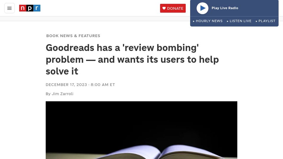 Screenshot of npr.org: Goodreads asks users to help combat 'review bombing'