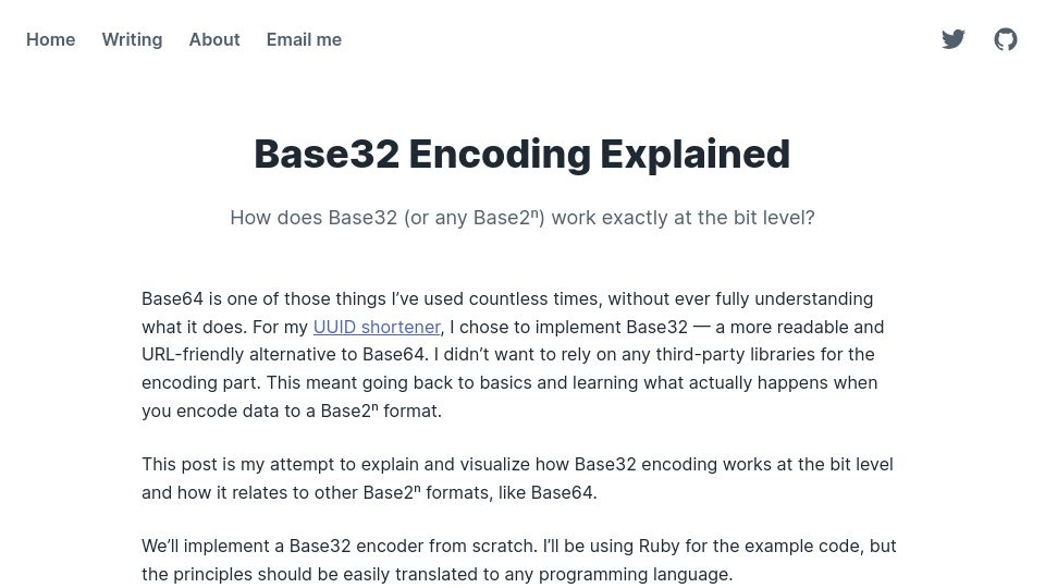 Screenshot of ptrchm.com: How does Base32 (or any Base2^n) work exactly?