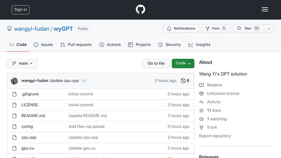 Screenshot of github.com: WyGPT: Minimal mature GPT model in C++