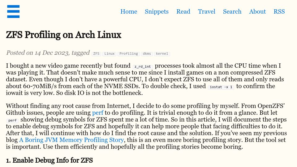 Screenshot of binwang.me: ZFS Profiling on Arch Linux