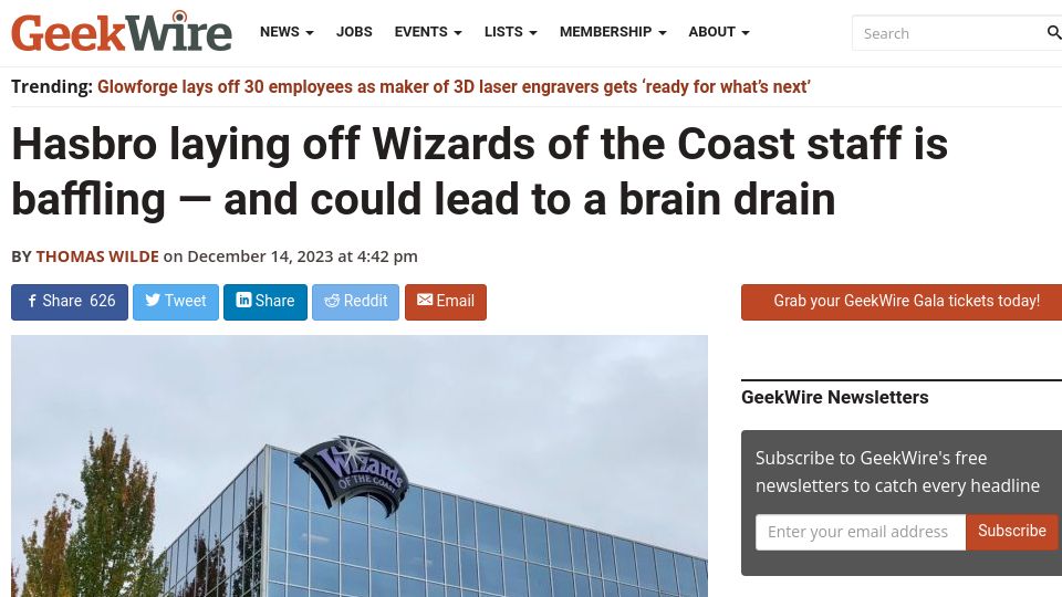 Screenshot of geekwire.com: Hasbro laying off Wizards of the Coast staff is baffling