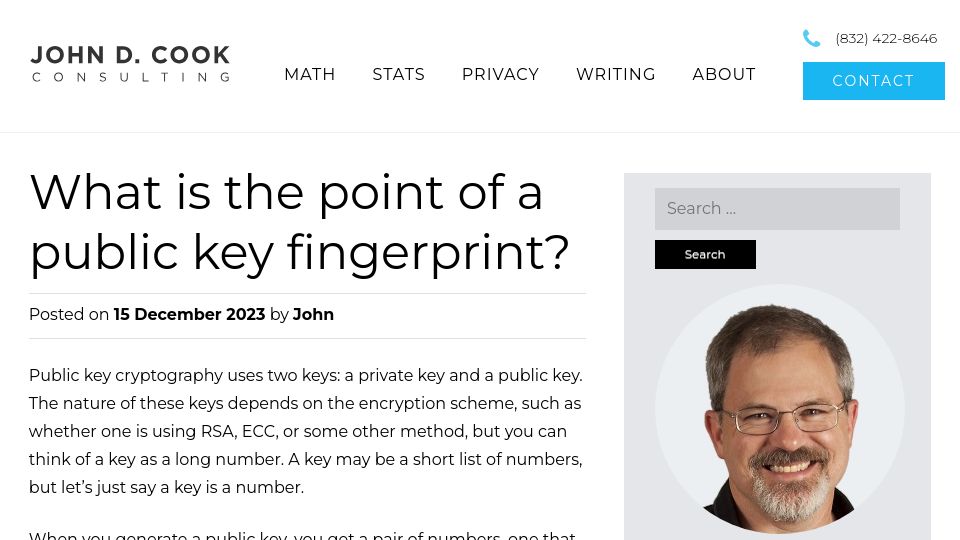 Screenshot of johndcook.com: What is the point of a public key fingerprint?