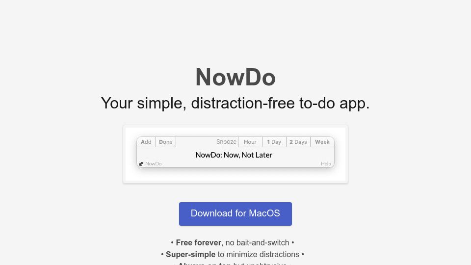 Screenshot of nowdo.org: Show HN: NowDo – MacOS todo app for procrastinators