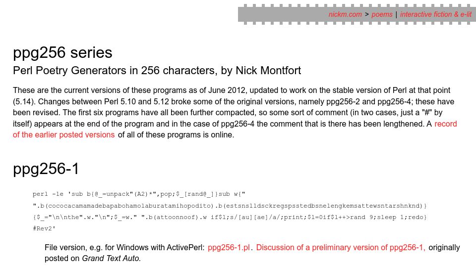 Screenshot of nickm.com: Perl Poetry Generators in 256 Characters