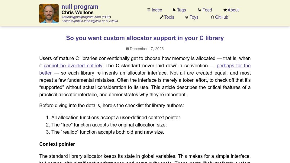 Screenshot of nullprogram.com: So you want custom allocator support in your C library