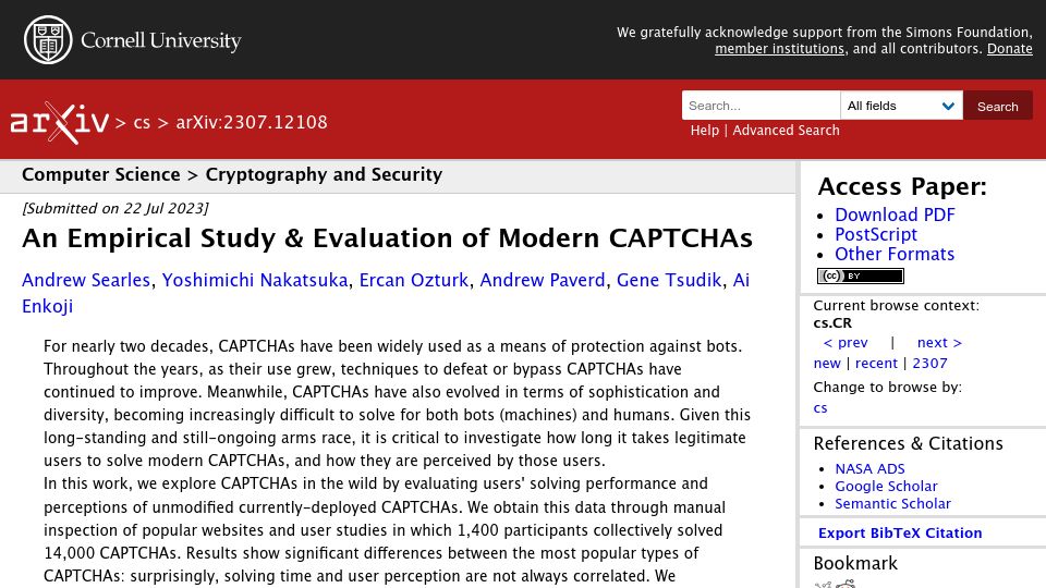 Screenshot of arxiv.org: An Empirical Study and Evaluation of Modern CAPTCHAs