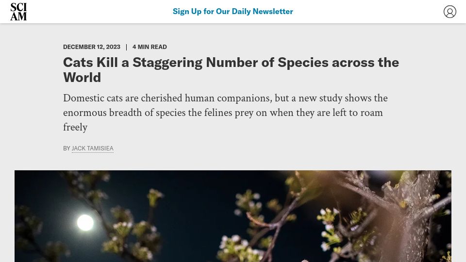 Screenshot of scientificamerican.com: Cats Kill a Staggering Number of Species Across the World