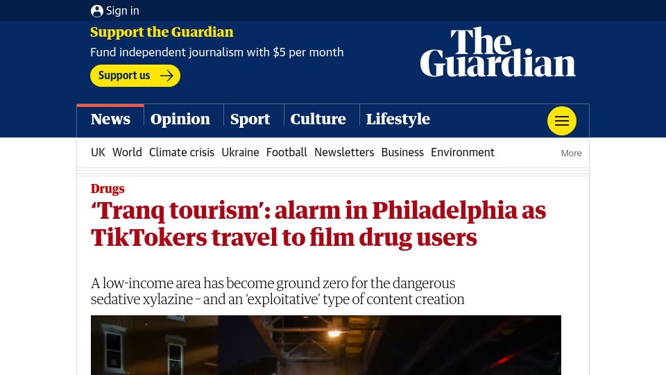 Screenshot of theguardian.com: 'Tranq tourism': TikTokers travel to film drug users