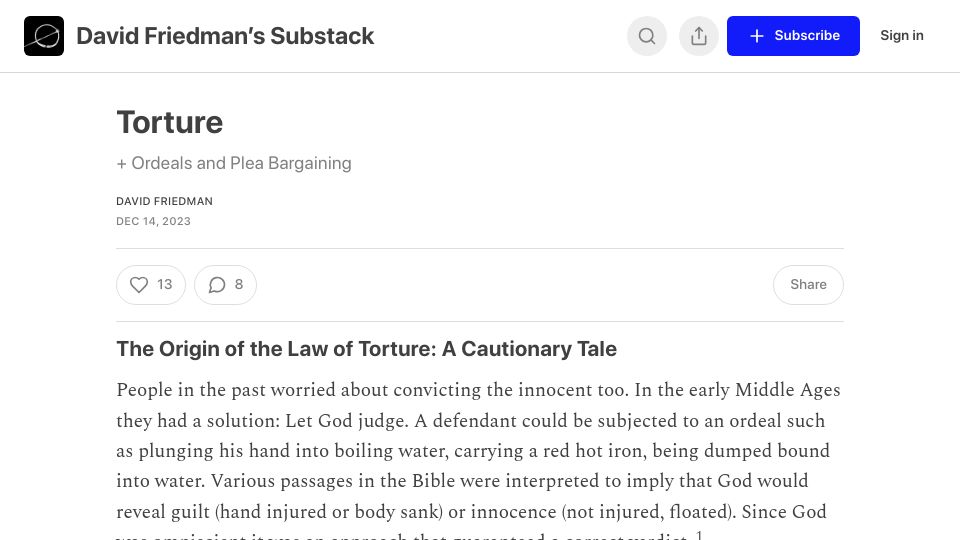 Screenshot of daviddfriedman.substack.com: The origin of the law of torture: A cautionary tale