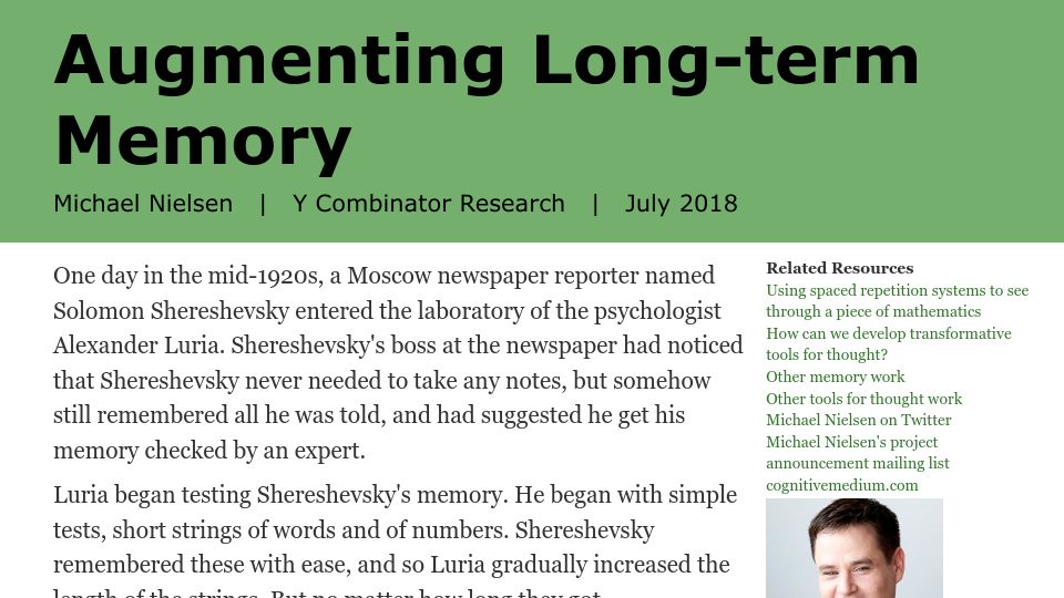 Screenshot of augmentingcognition.com: Augmenting long-term memory (2018)