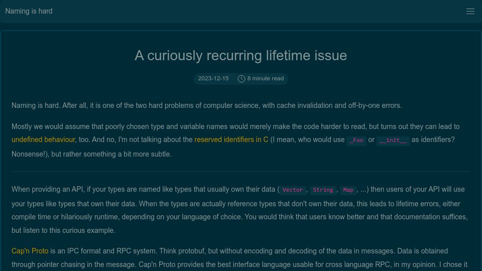 Screenshot of blog.dureuill.net: A curiously recurring lifetime issue