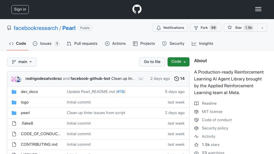 Screenshot of github.com: Pearl: A Production-Ready Reinforcement Learning Agent