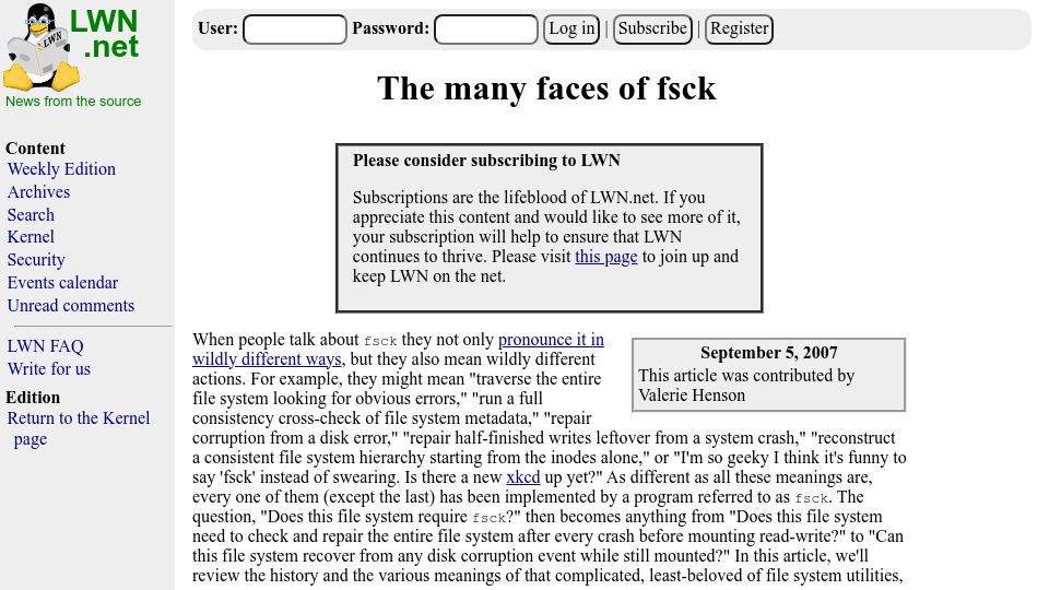 Screenshot of lwn.net: The many faces of fsck (2007)