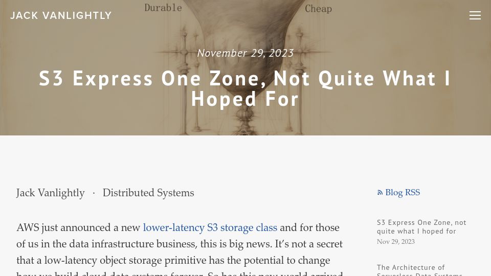 Screenshot of jack-vanlightly.com: S3 Express One Zone, not quite what I hoped for