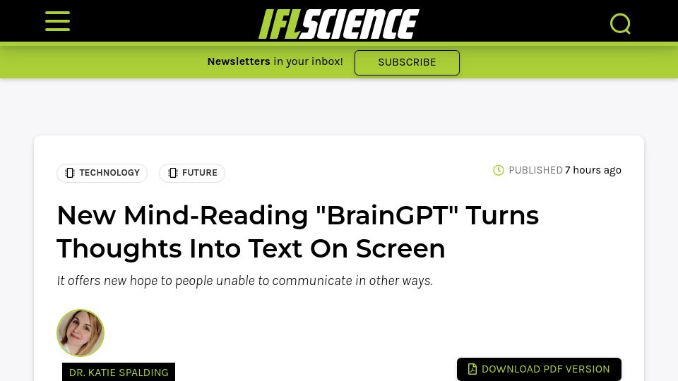Screenshot of iflscience.com: BrainGPT turns thoughts into text