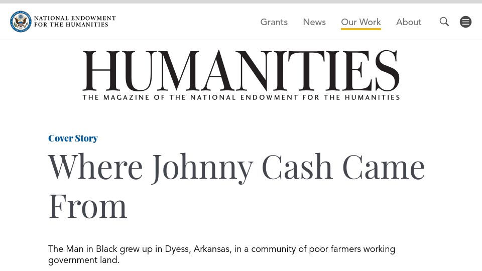 Screenshot of neh.gov: Where Johnny Cash came from