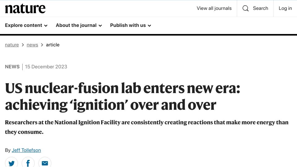 Screenshot of nature.com: US nuclear-fusion lab enters new era: achieving 'ignition' over and over
