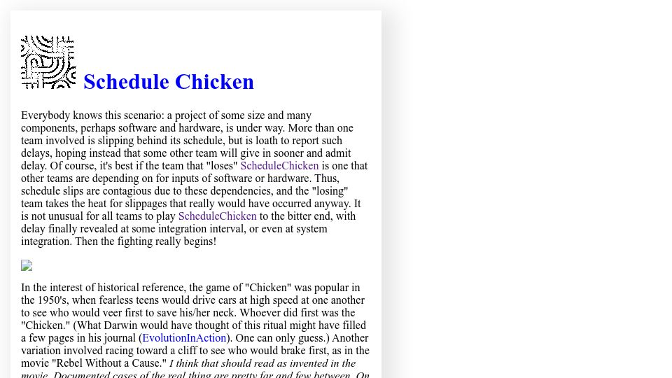 Screenshot of wiki.c2.com: Schedule Chicken (2007)