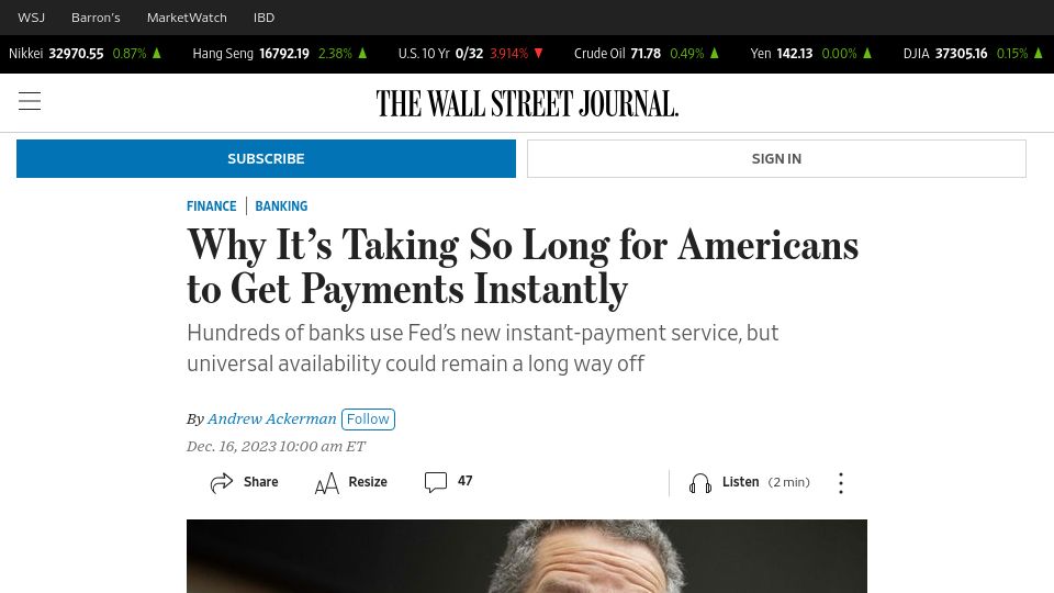 Screenshot of wsj.com: Why it's taking so long for Americans to get payments instantly