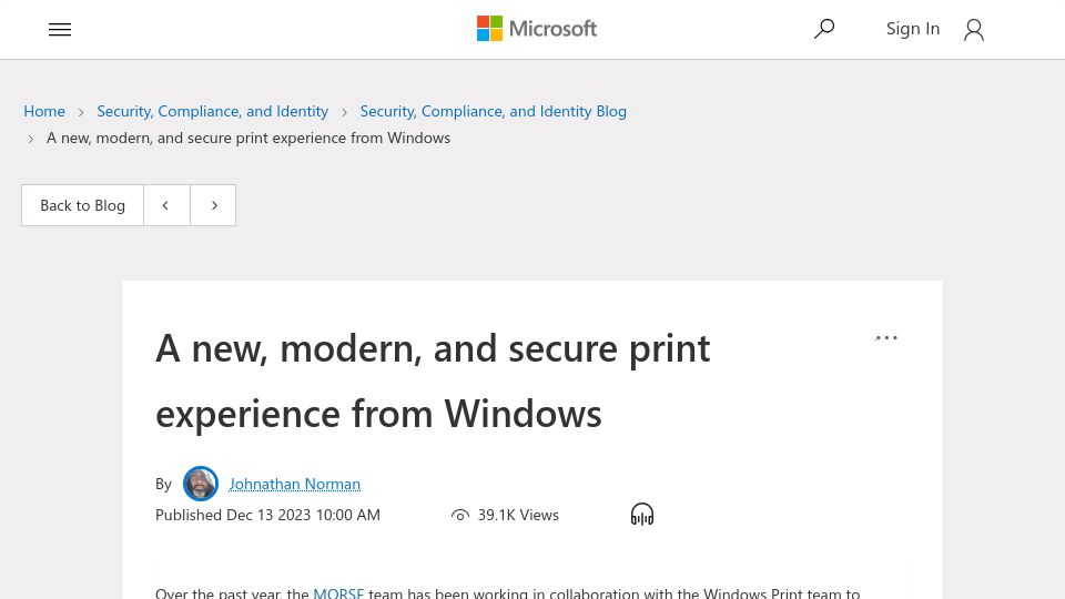 Screenshot of techcommunity.microsoft.com: Windows Protected Print Mode