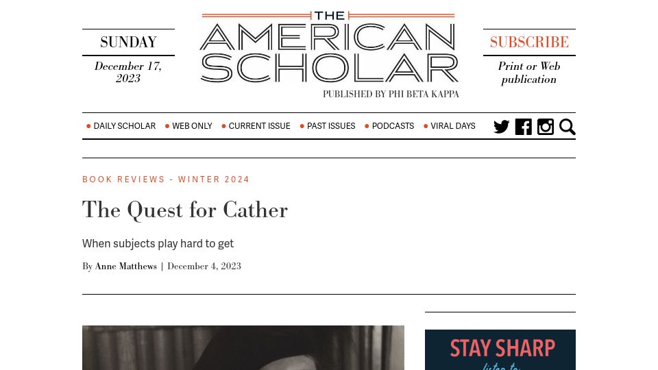 Screenshot of theamericanscholar.org: The Quest for Cather