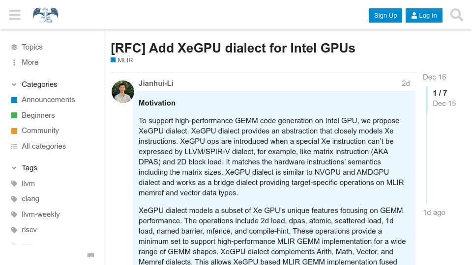 Screenshot of discourse.llvm.org: Intel proposes XeGPU dialect for LLVM MLIR