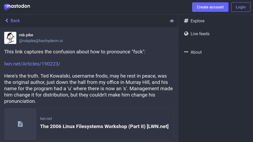 Screenshot of hachyderm.io: On the pronunciation of “fsck”