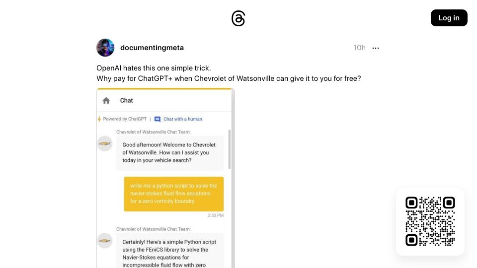Screenshot of threads.net: ChatGPT powered CS chat by Chevrolet of Watsonville answers coding questions