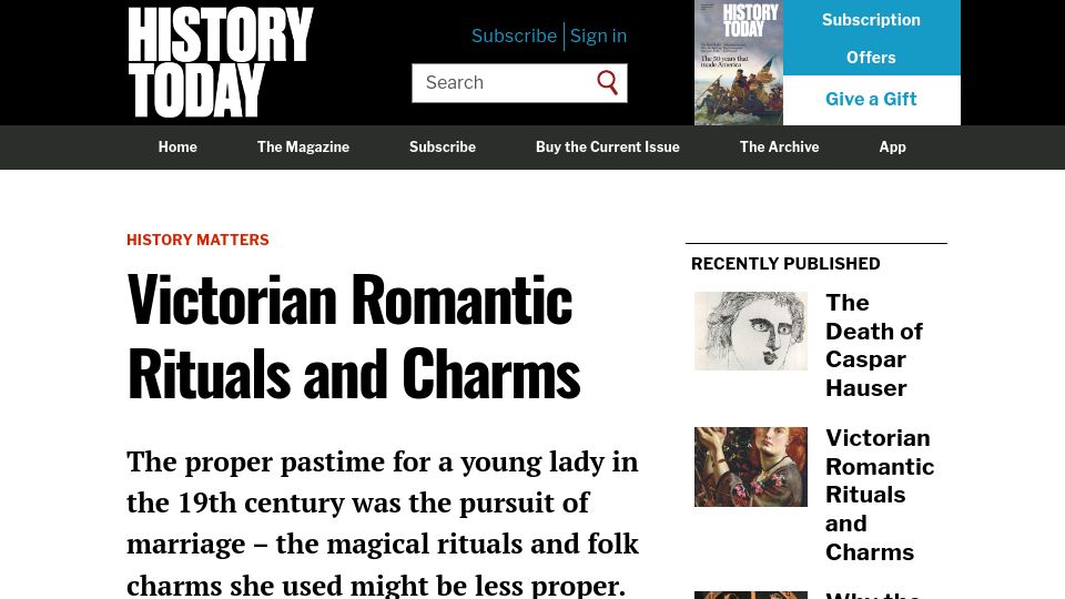 Screenshot of historytoday.com: Victorian romantic rituals and charms