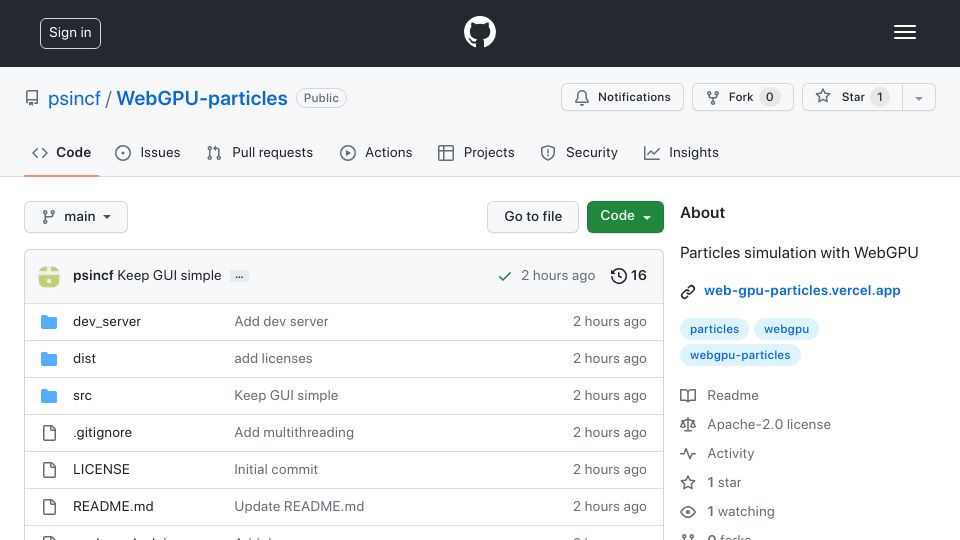Screenshot of github.com: Show HN: WebGPU Particles Simulation