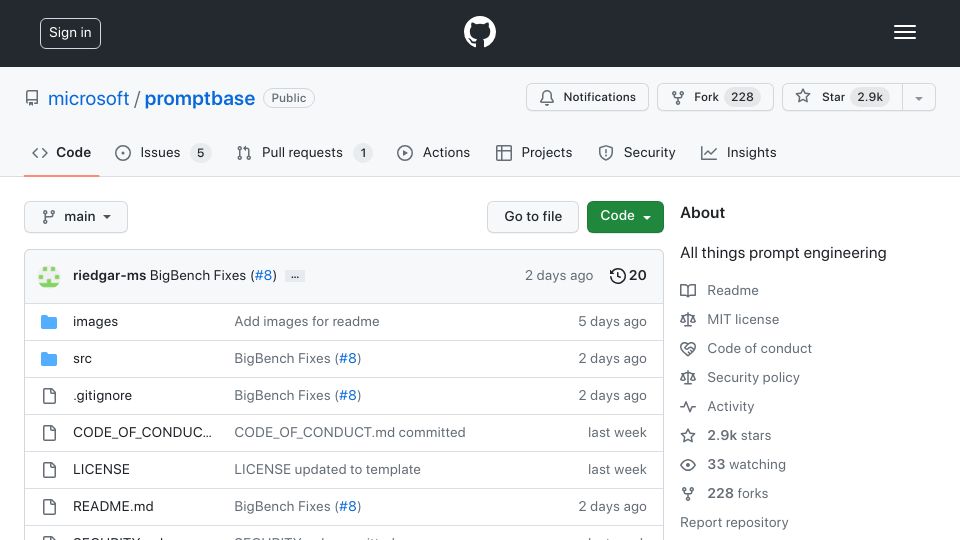 Screenshot of github.com: Promptbase: All things prompt engineering