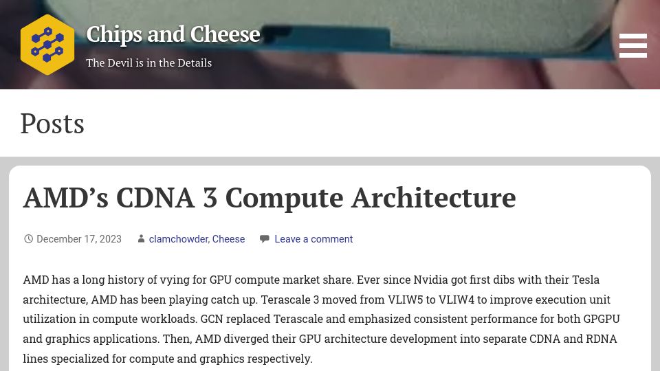 Screenshot of chipsandcheese.com: AMD's CDNA 3 Compute Architecture